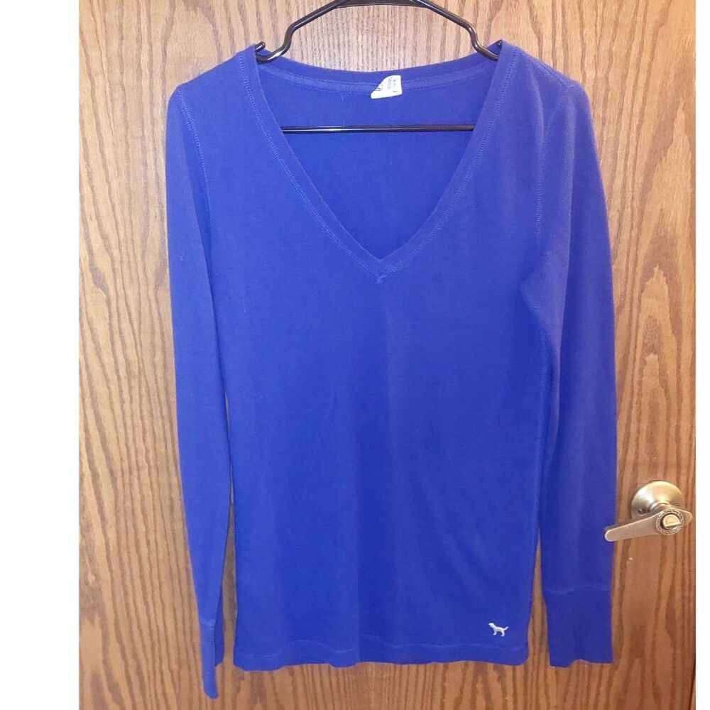 Victoria's Secret PINK V-Neck Long Sleeve Shirt Large Deep Purple Embroidered
